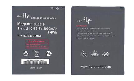 Аккумуляторная батарея для Fly BL3819 IQ4514 Evo Tech 4 3.8V Black 2000mAh 7.6Wh