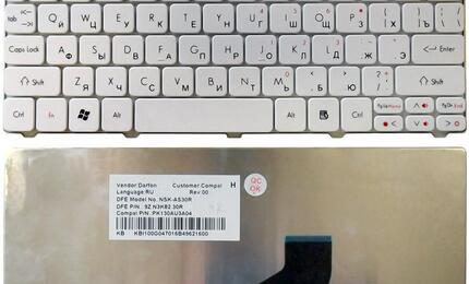Клавиатура для ноутбука Acer Aspire One 521, 522, 532, 532H, 533, D255, D255E, D257, D260, D270, Happy, Happy2, eMachines 350, 355, em350, em355, Gateway LT21, LT27, LT28, Packard Bell NAV50, Dot S2, Dot SE, Dot SC, Dot SE3, PAV80 White RU